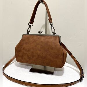 Brown Nubuck Cowhide Handmade “Tulip” Shaped Kisslock Handbag & 2 Strap Styles